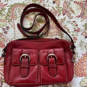 Tignanello Red Leather Crossbody Shoulder Bag with Buckle Accents